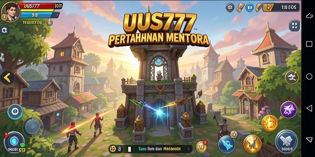 Screenshot UUS777 menampilkan aksi seru dalam pertahanan menara.
